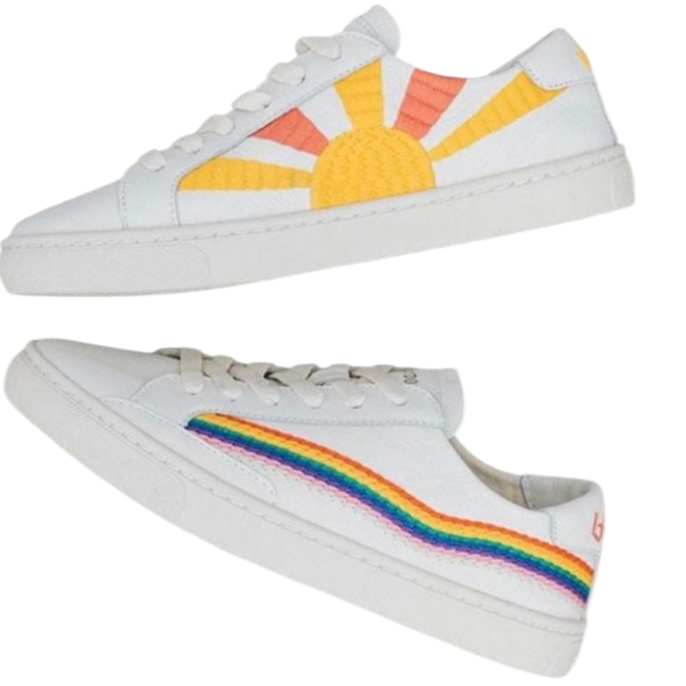 Soludos Young Shoes with Rainbow and Sun Design - White, Yellow, Red, BlueNWOB